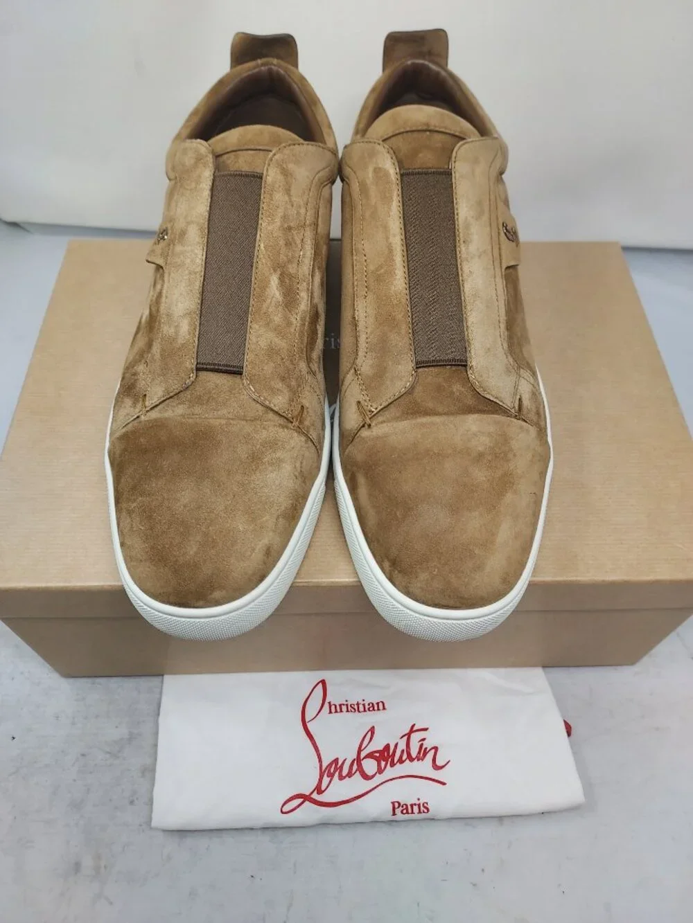 Christian Louboutin MENS Brown St Louis Suede Slip-On Sneaker